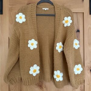 Chunky Oversized Daisy Crochet Cardigan, Tan Camel Sweater, Floral Knit, Small